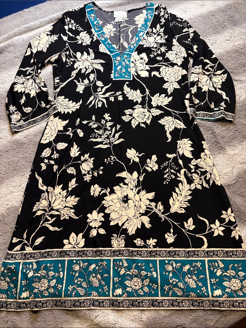 Donna Morgan Womens Size 10 Floral V-Neck Sheath Dress Black, Cream and Teal
